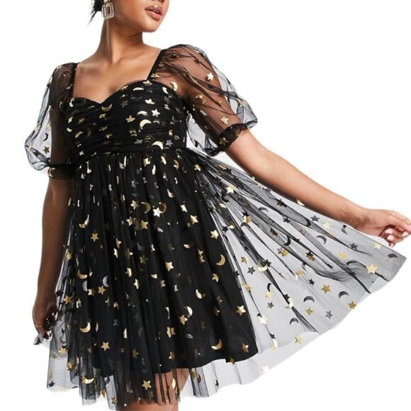 Lace & Beads Brielle Babydoll Mini Dress in Black Moon Print - Picture 2 of 15